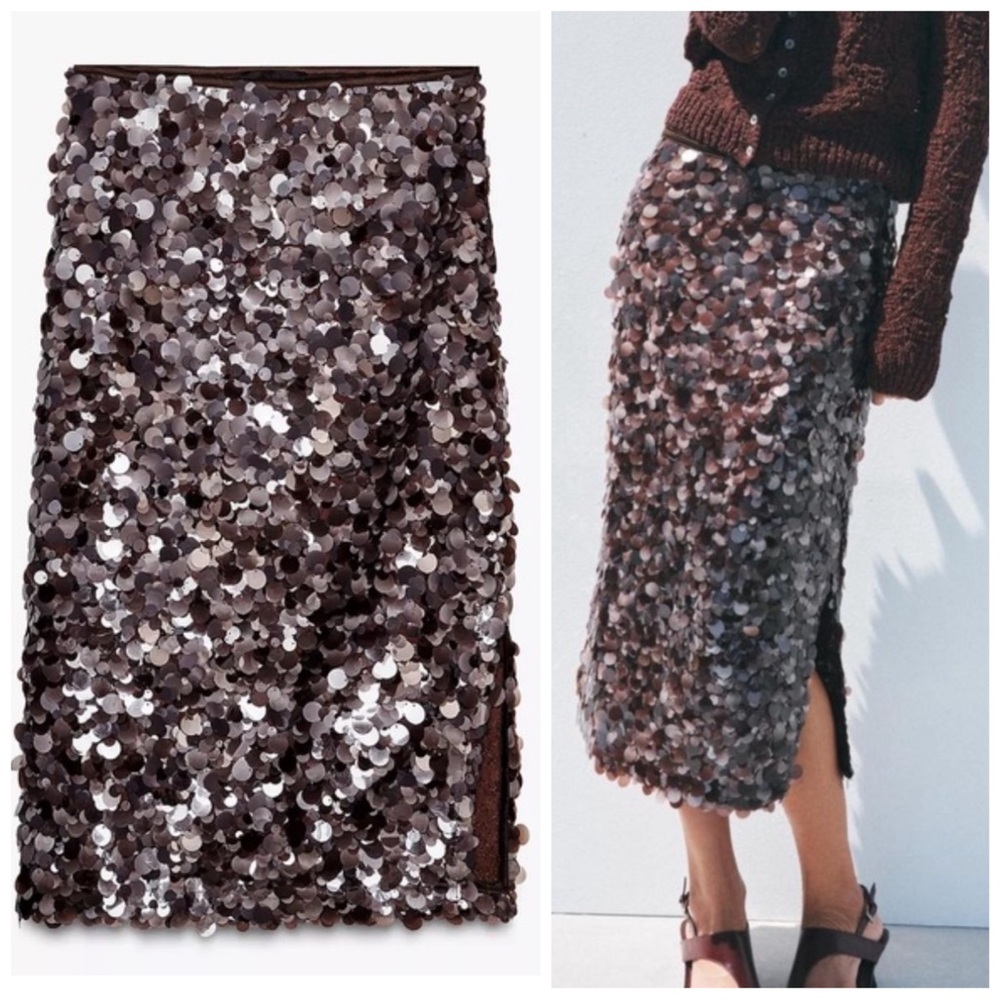 Zara Sequin Midi Skirt in Silver and Brown